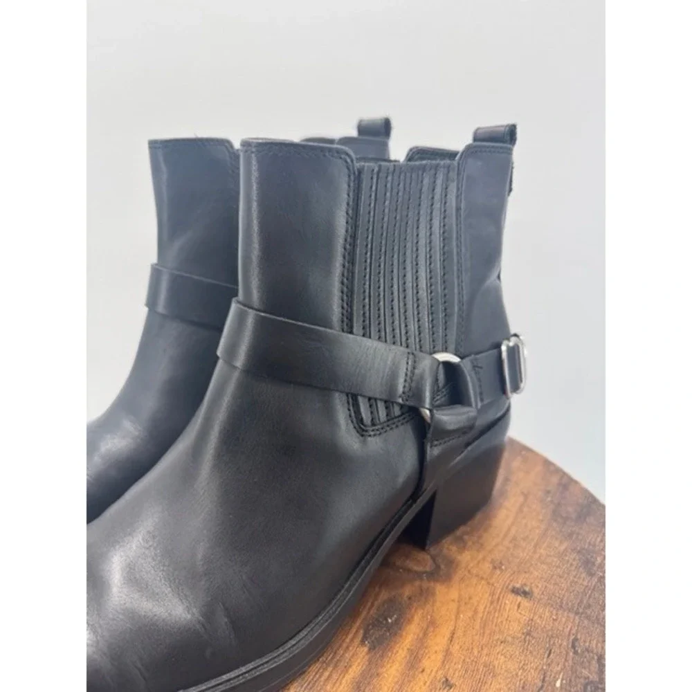 Sam Edelman Womens Black Leather Harness Ankle Bootie SZ 11 Square Toe Moto
